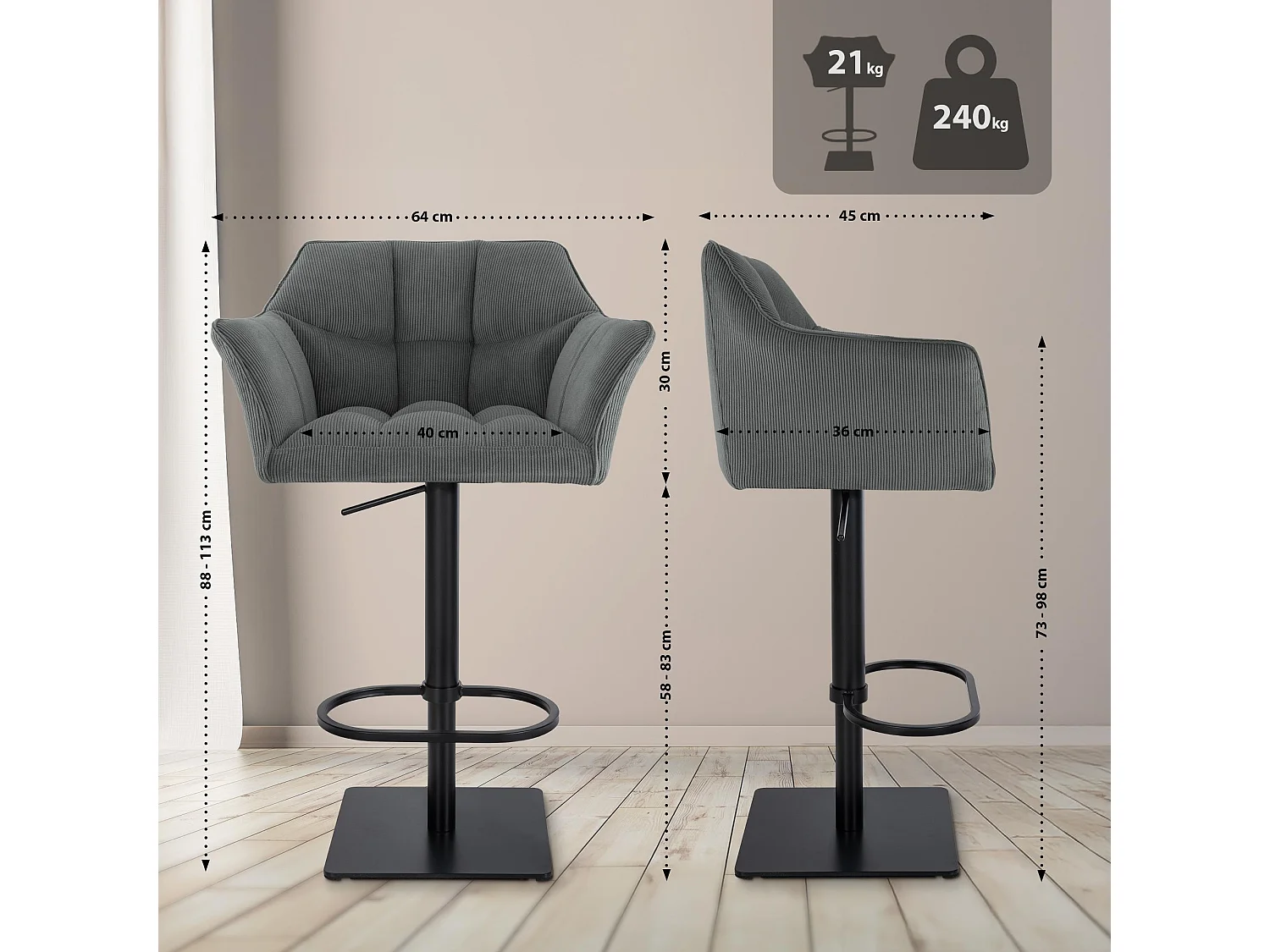 Tabouret de bar - Cordon & Noir - Gris - Damaso