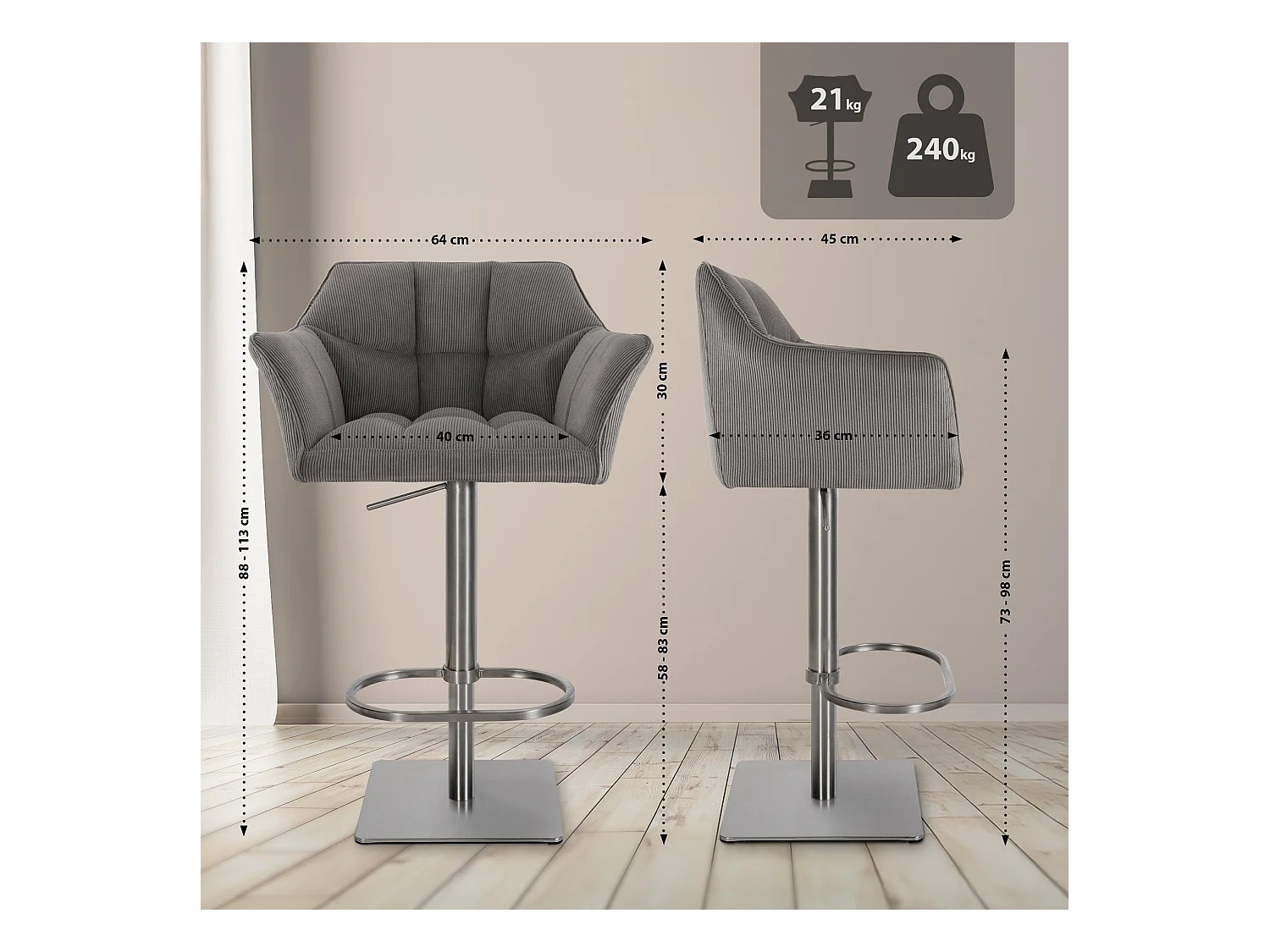 Tabouret de bar - Cordon & Acier inoxydable - Taupe - Damaso