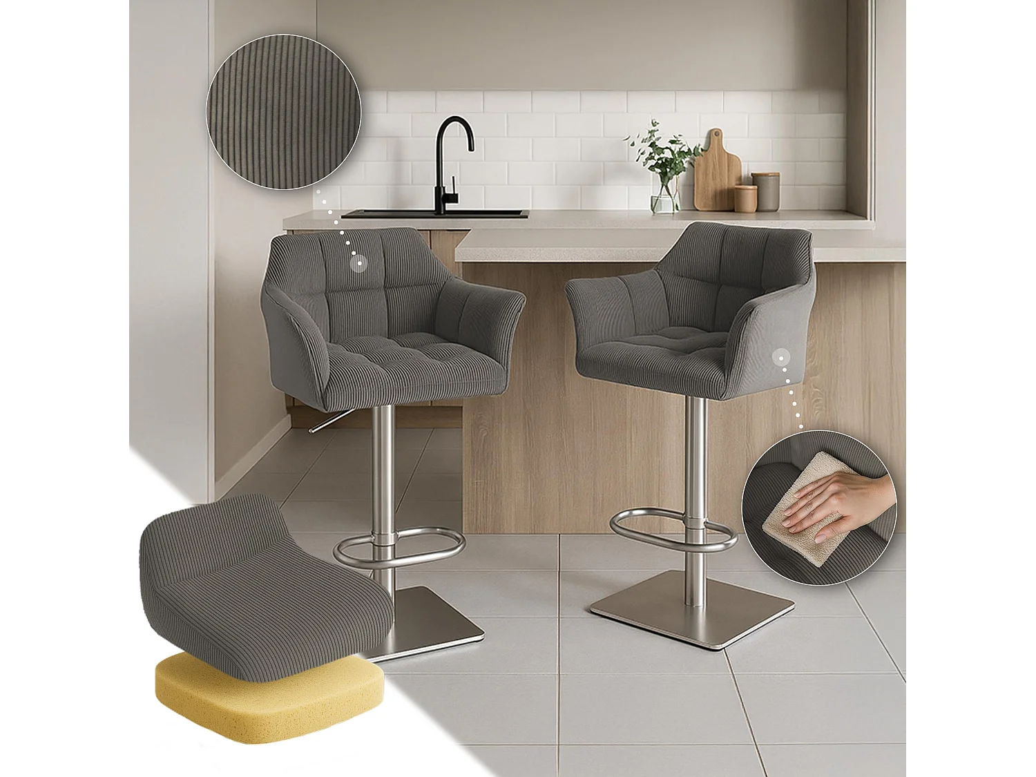 Tabouret de bar - Cordon & Acier inoxydable - Taupe - Damaso