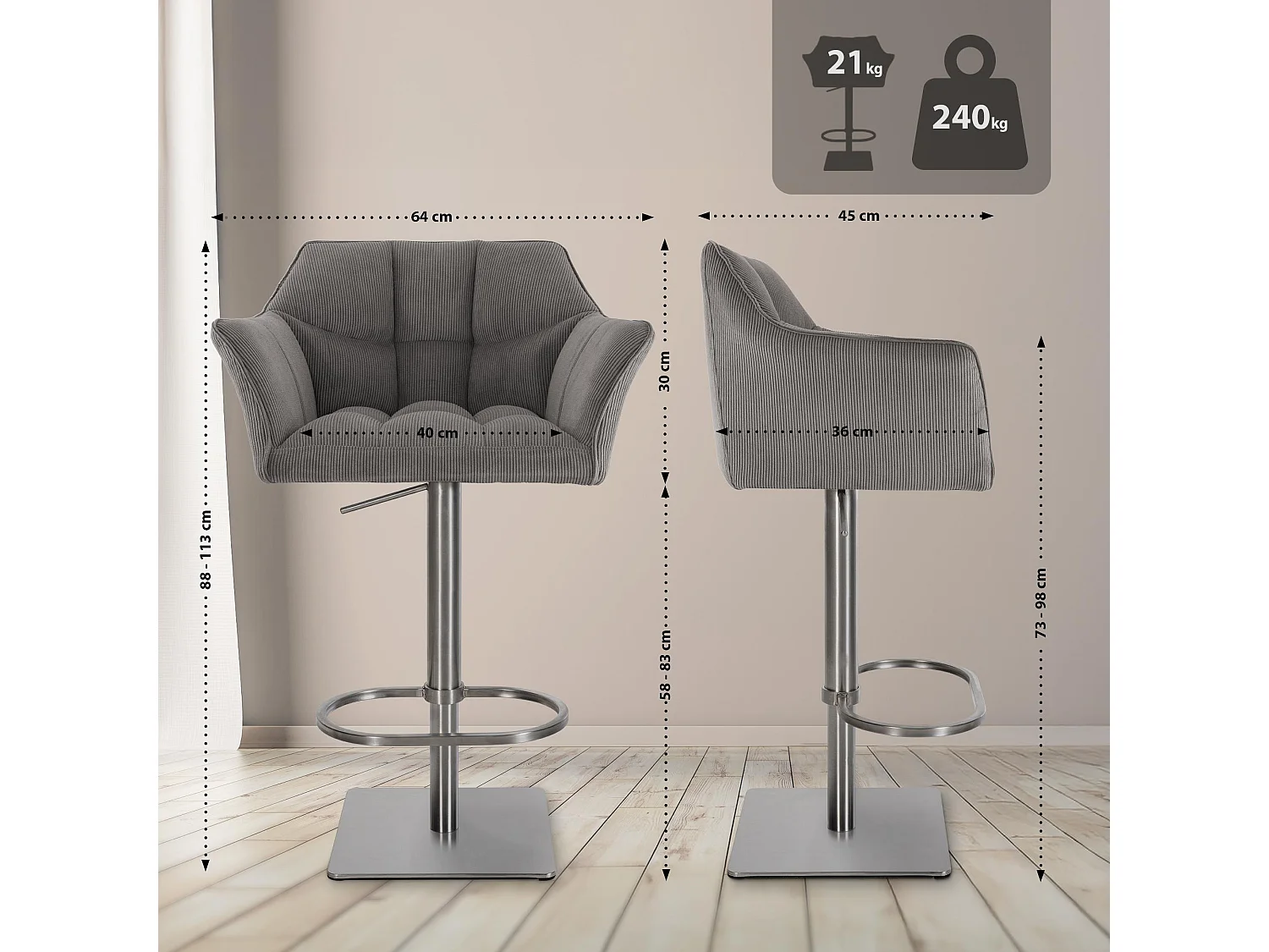 Tabouret de bar - Cordon & Acier inoxydable - Taupe - Damaso