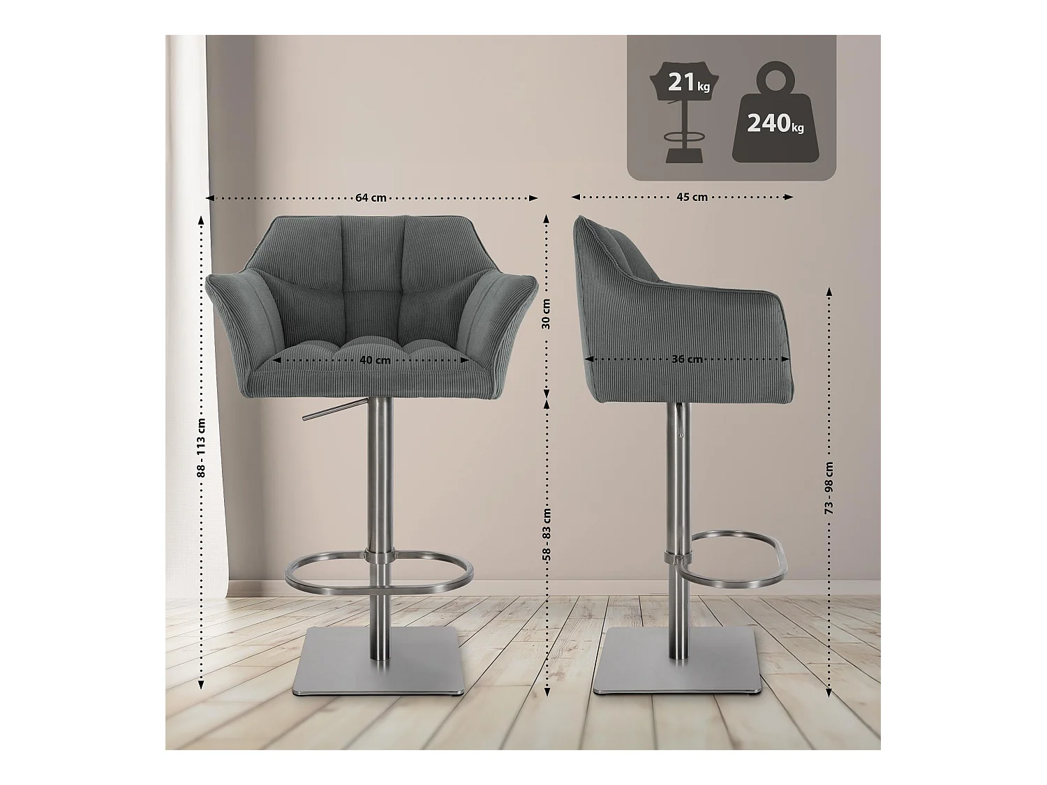 Tabouret de bar - Cordon & Acier inoxydable - Gris - Damaso