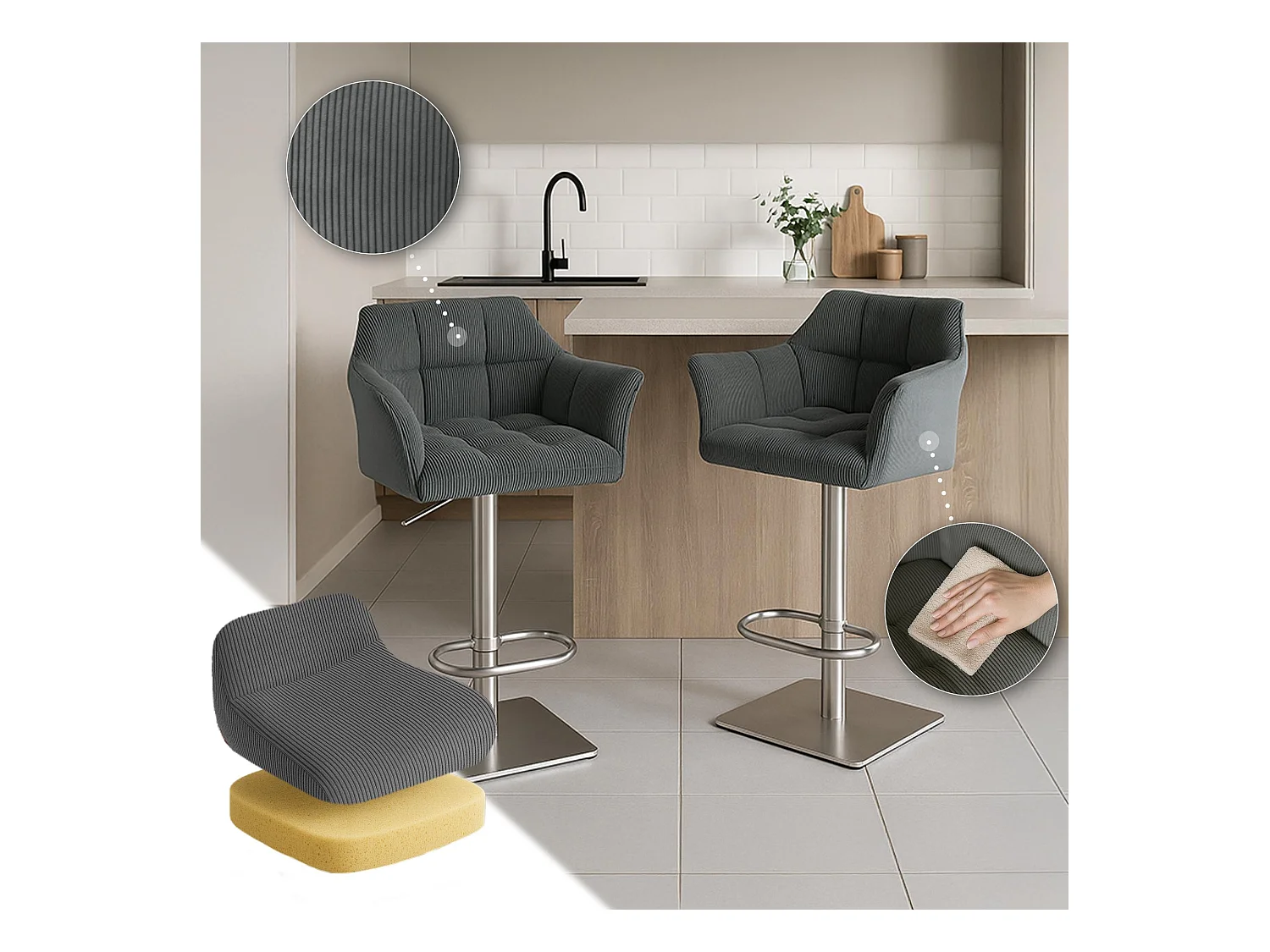 Tabouret de bar - Cordon & Acier inoxydable - Gris - Damaso