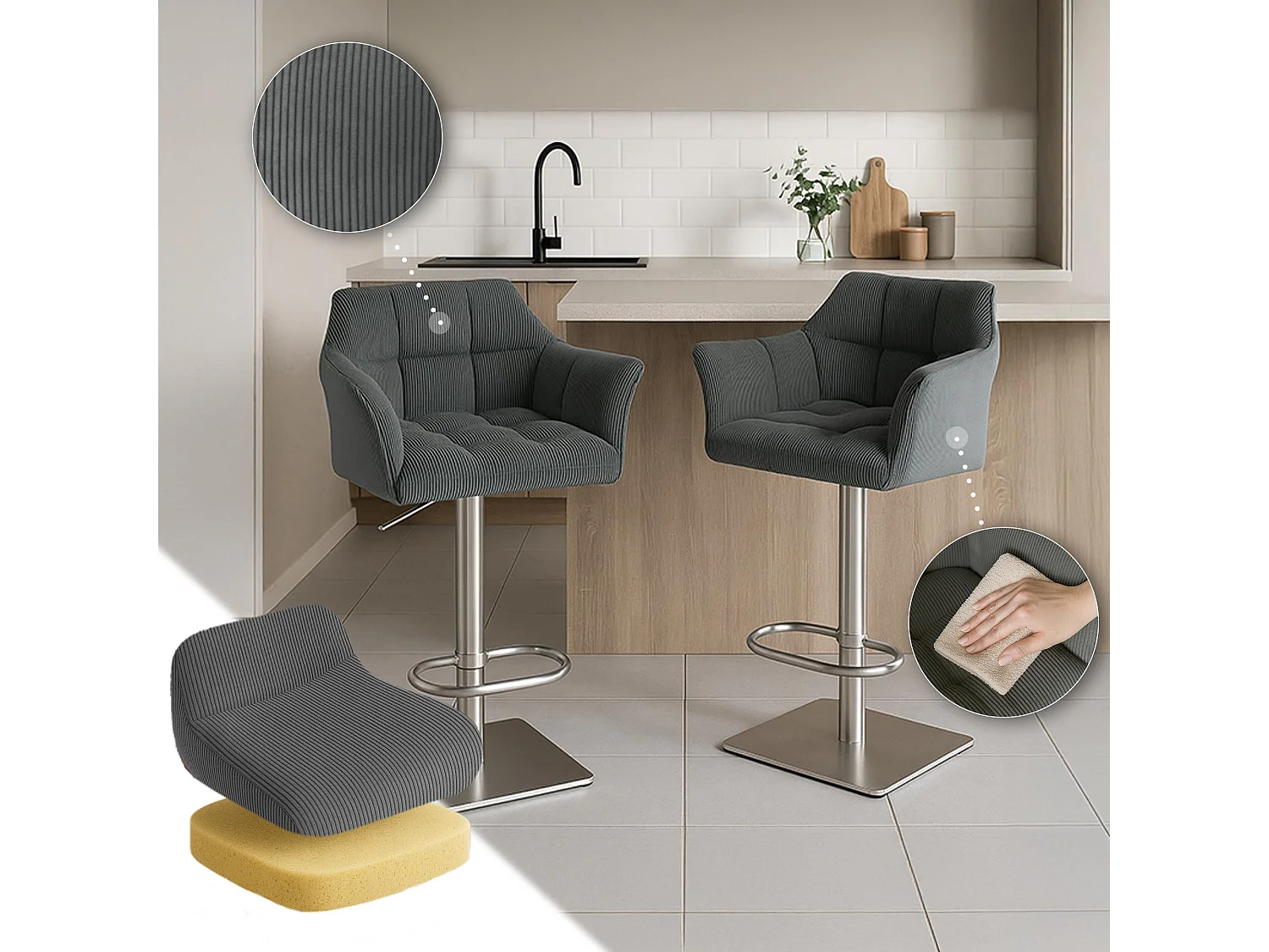 Tabouret de bar - Cordon & Acier inoxydable - Gris - Damaso