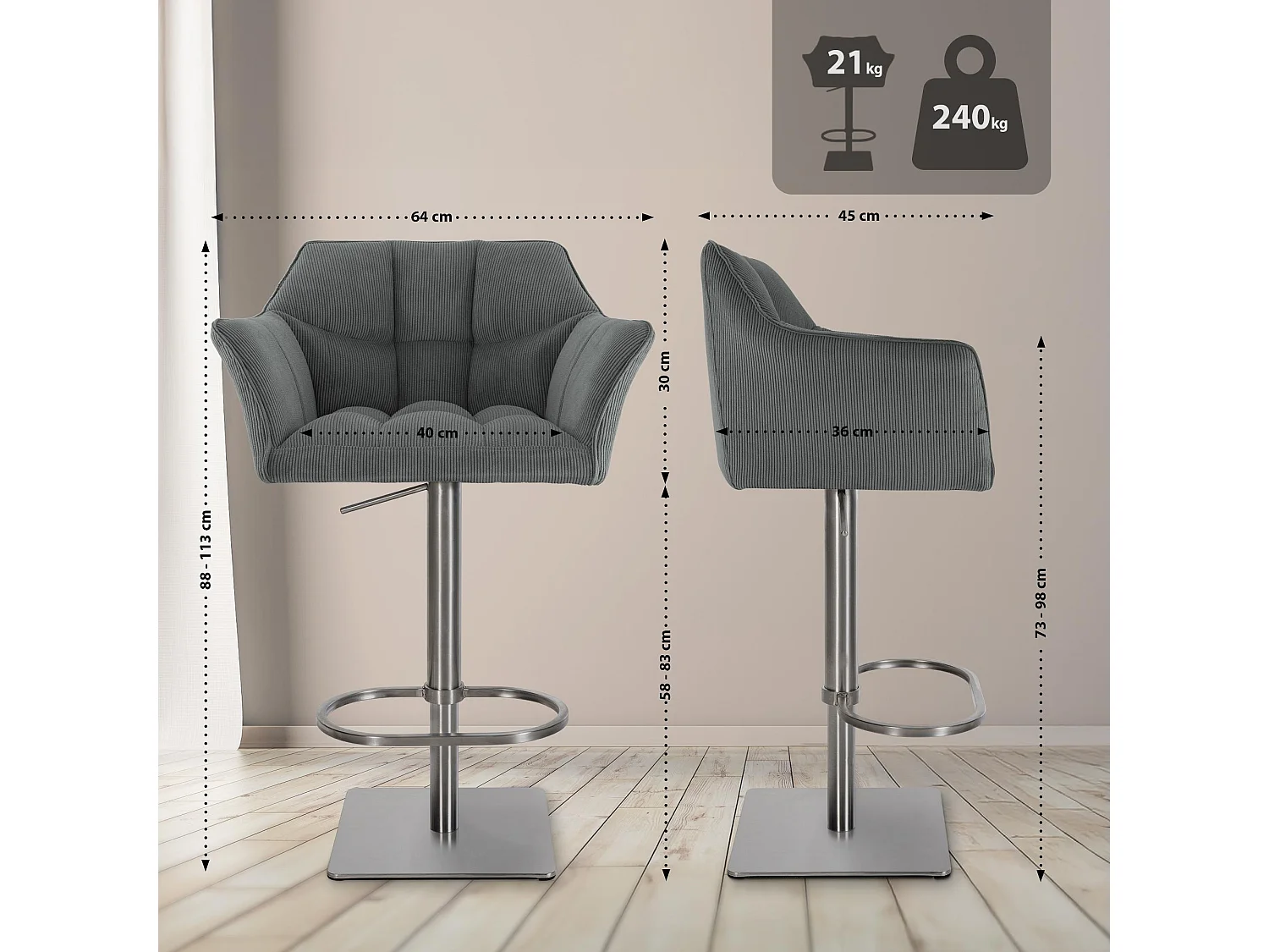 Tabouret de bar - Cordon & Acier inoxydable - Gris - Damaso