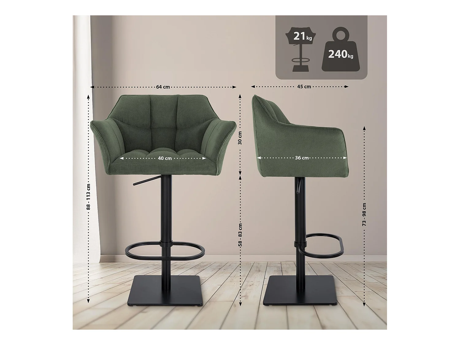 Tabouret de bar - Cordon & Noir - Vert - Damaso