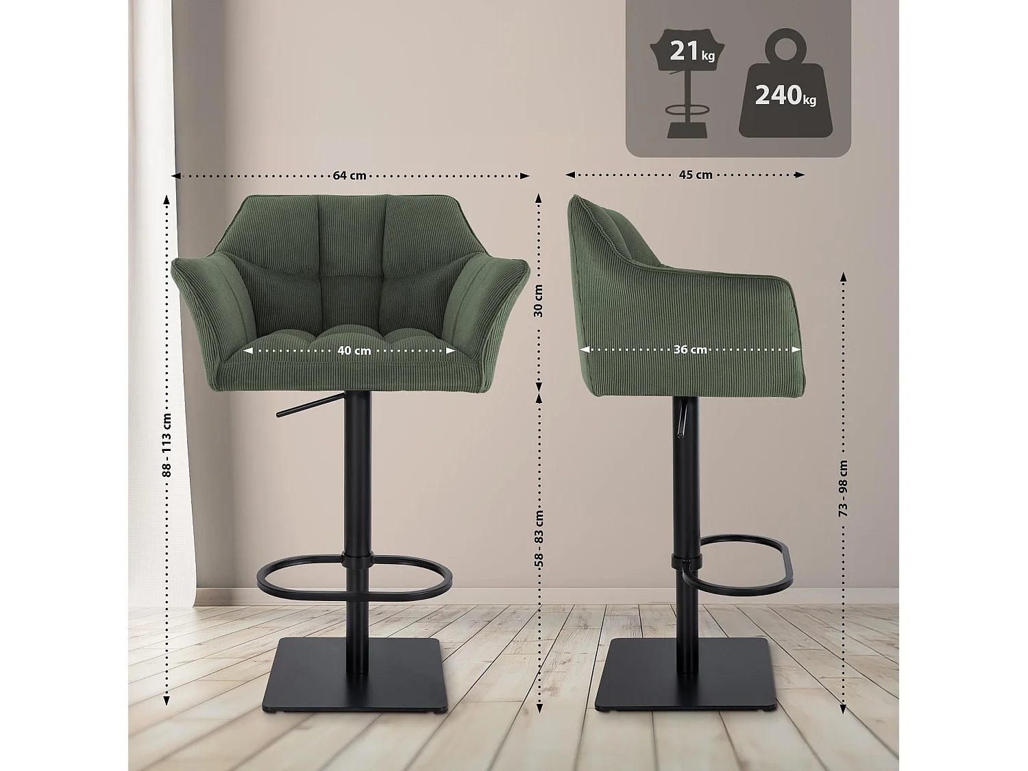 Tabouret de bar - Cordon & Noir - Vert - Damaso