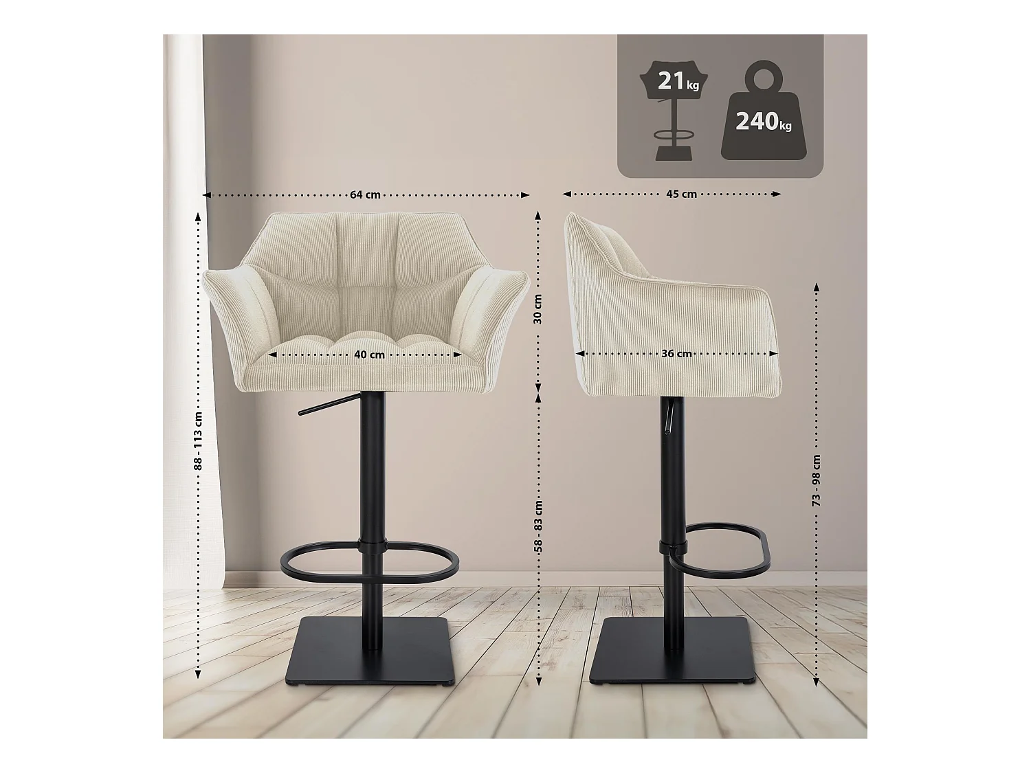 Tabouret de bar - Cordon & Noir - Crème - Damaso