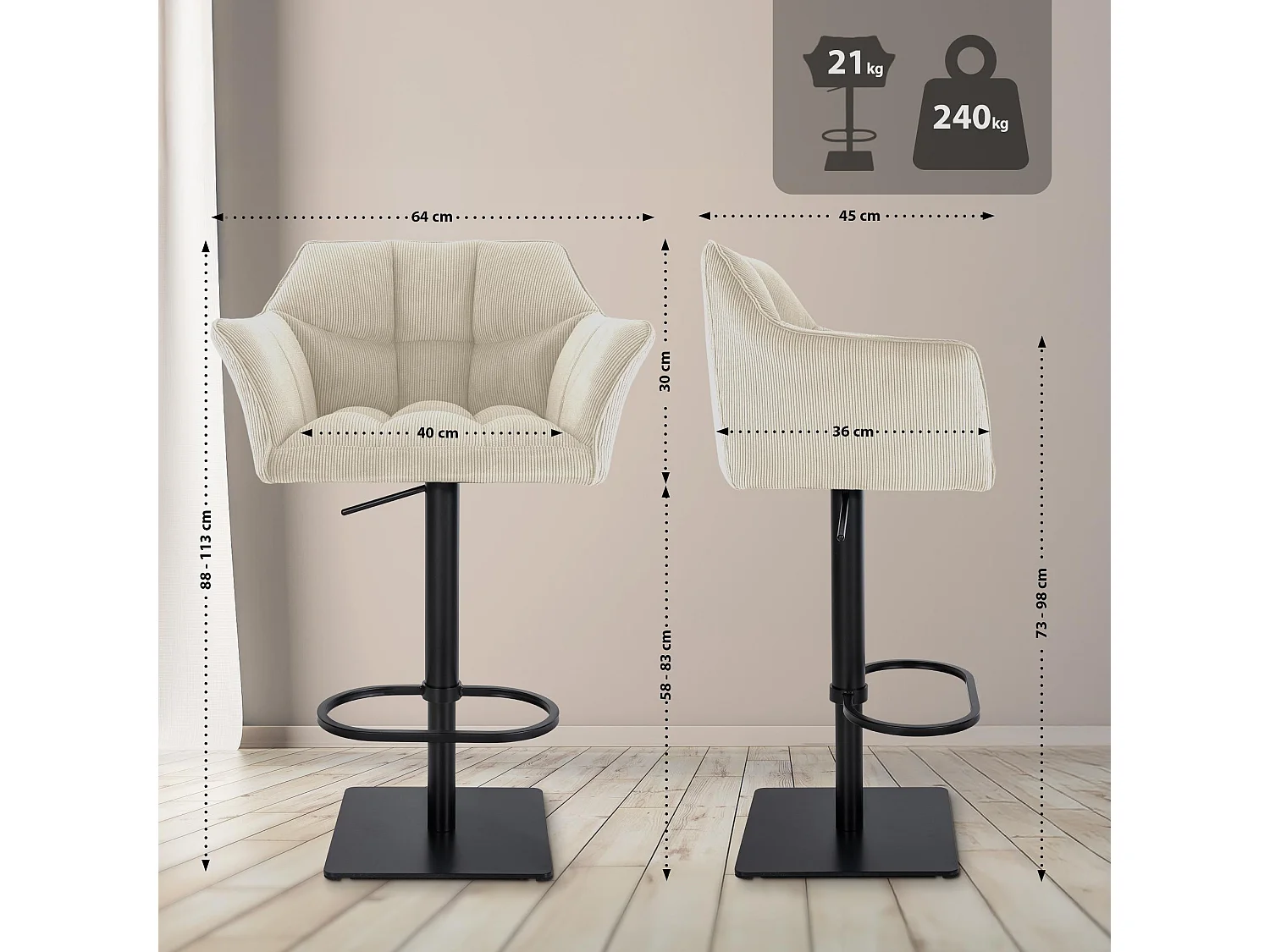 Tabouret de bar - Cordon & Noir - Crème - Damaso