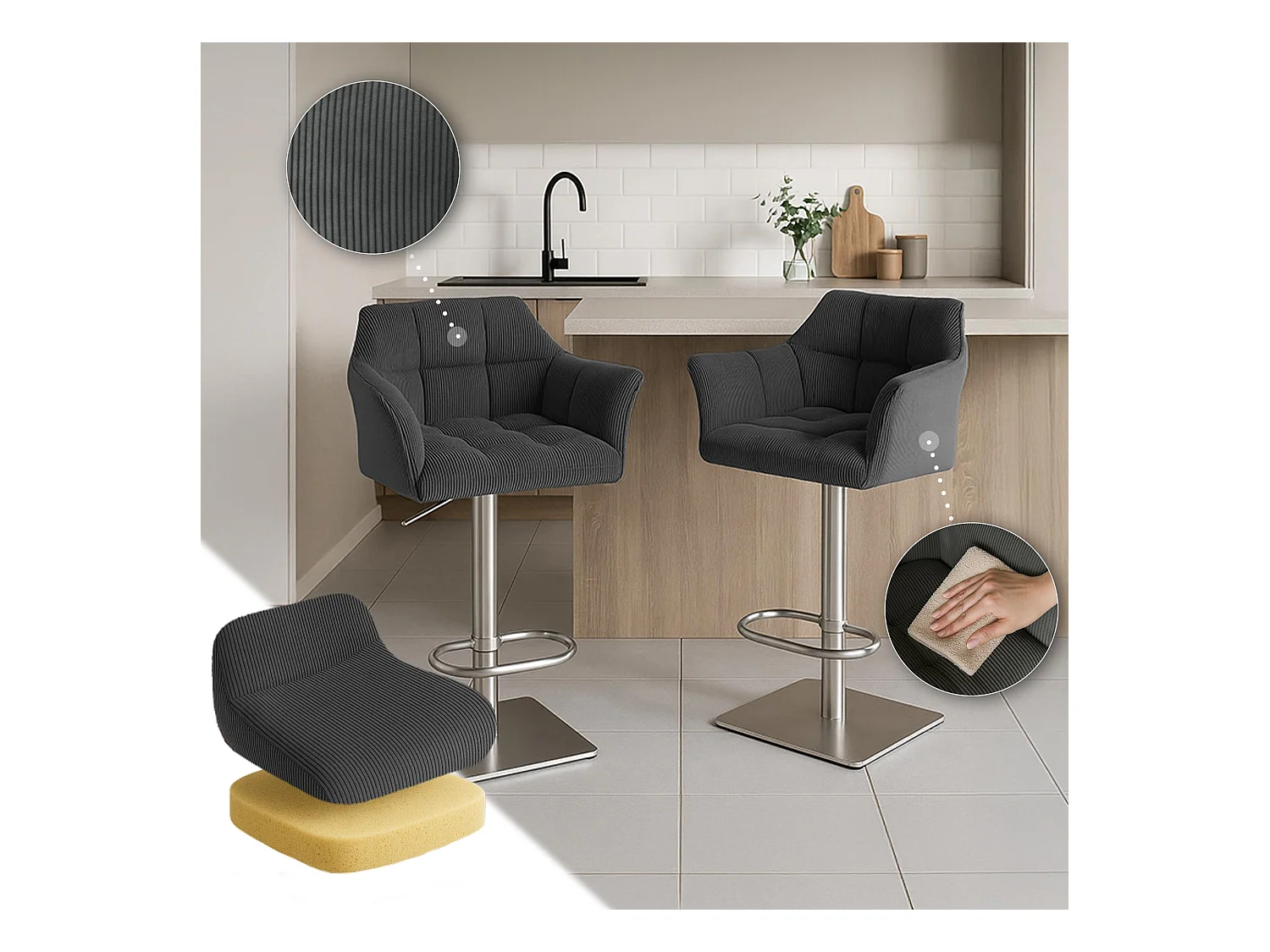 Tabouret de bar - Cordon & Acier inoxydable - Gris foncé - Damaso