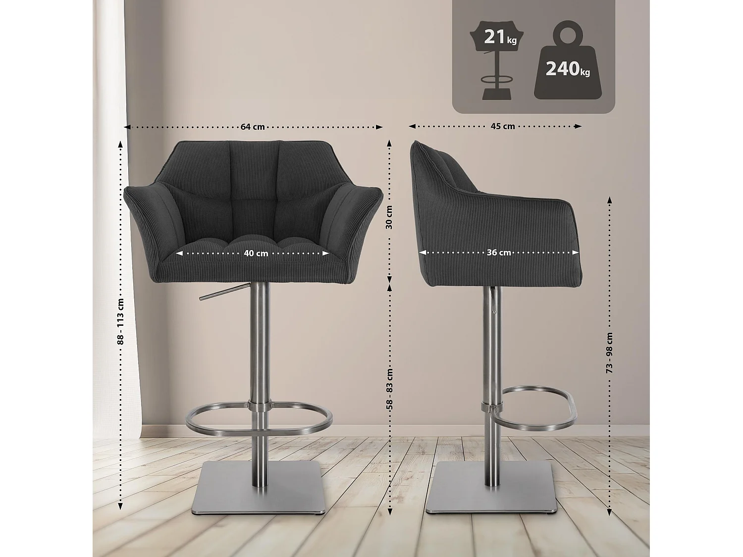 Tabouret de bar - Cordon & Acier inoxydable - Gris foncé - Damaso