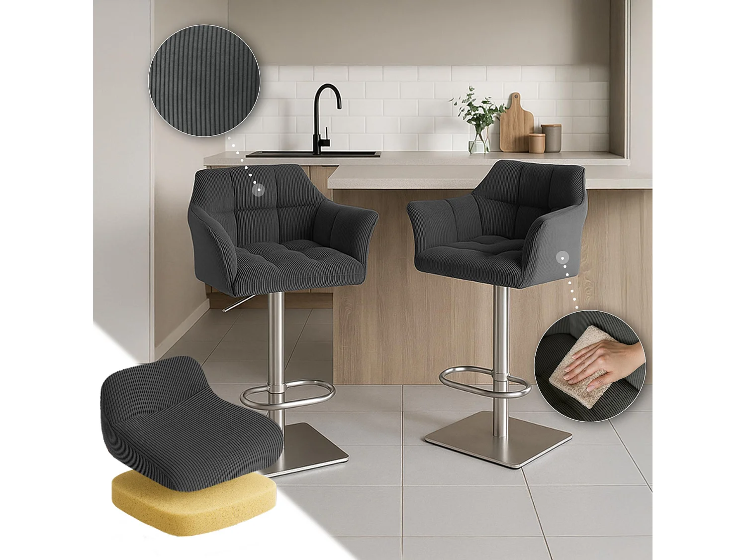 Tabouret de bar - Cordon & Acier inoxydable - Gris foncé - Damaso