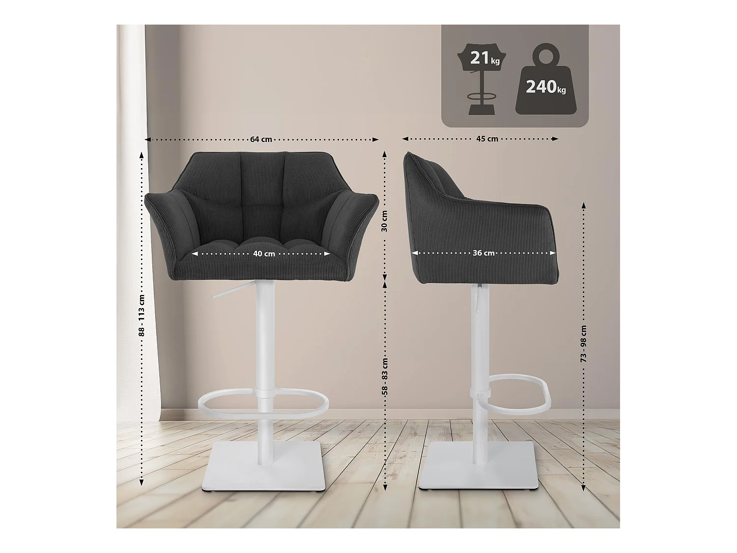Tabouret de bar - Cordon & Blanc - Gris foncé - Damaso