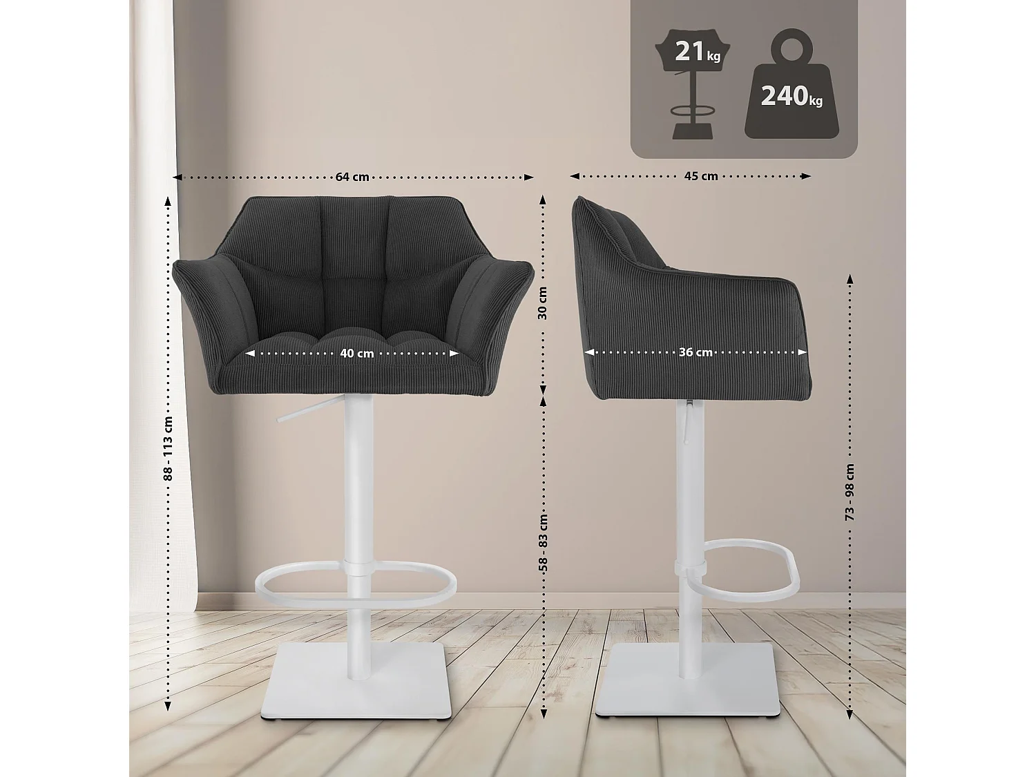 Tabouret de bar - Cordon & Blanc - Gris foncé - Damaso