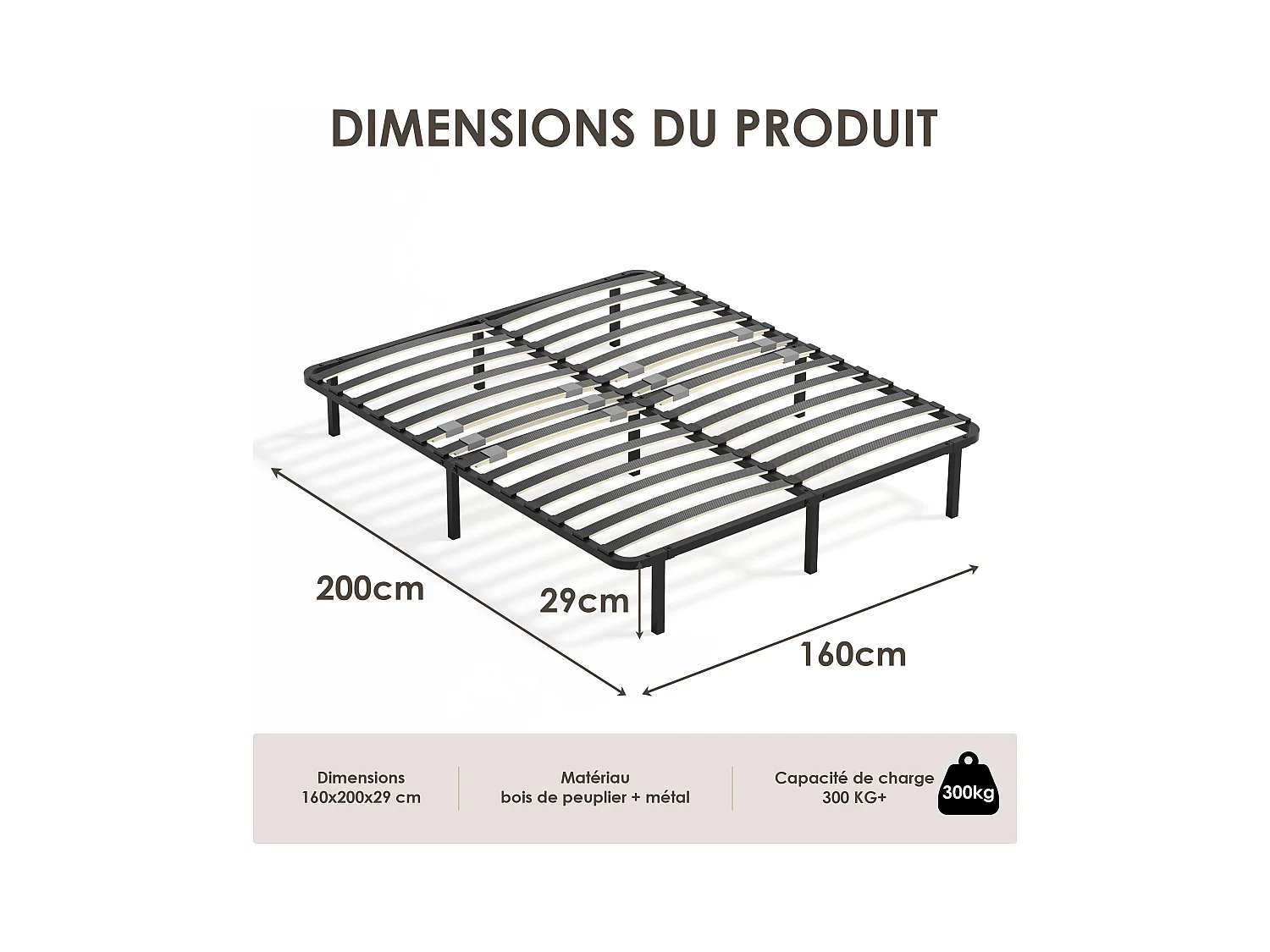 Sommier cadre à lattes 160x200 cm, 2x14 rangs,  incl. 9 repose-pieds