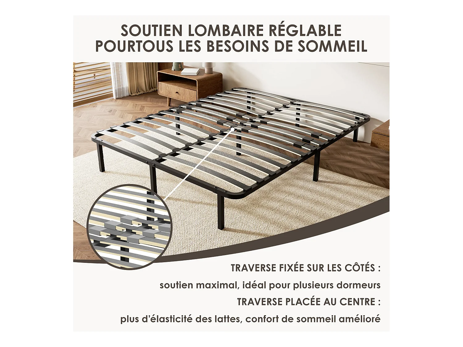 Sommier cadre à lattes 160x200 cm, 2x14 rangs,  incl. 9 repose-pieds