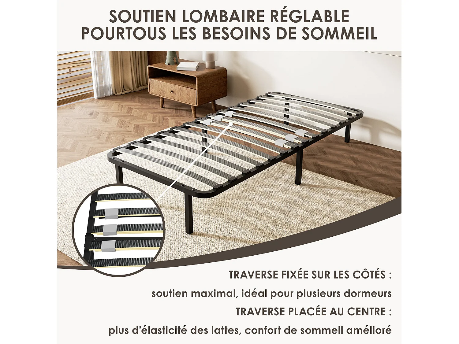 Sommier cadre à lattes 90x190 cm, 1x14 rangs,6 repose-pieds