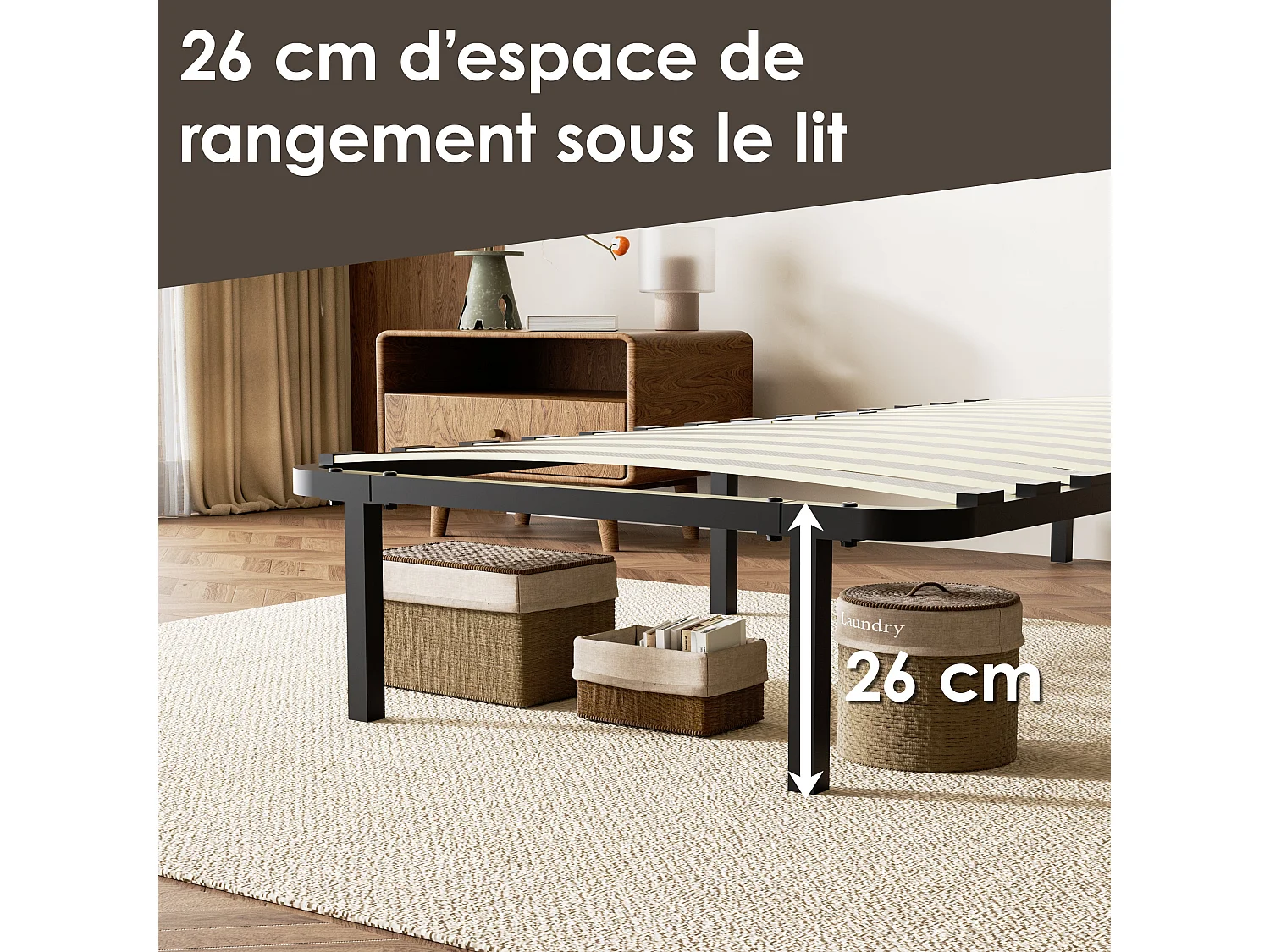 Sommier cadre à lattes 90x190 cm, 1x14 rangs,6 repose-pieds