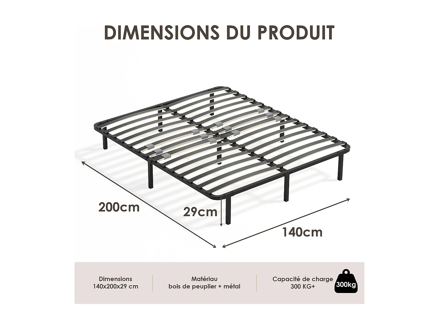 Sommier cadre à lattes 140x200 cm, 2x14 rangs,  incl. 7 repose-pieds