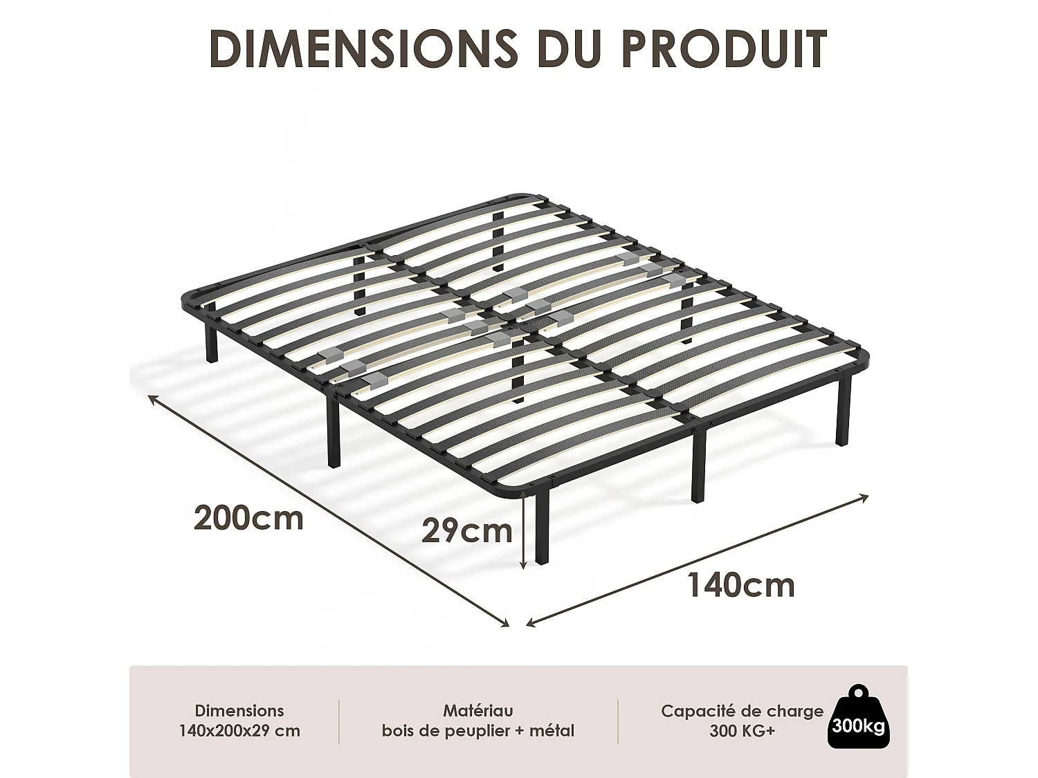 Sommier cadre à lattes 140x200 cm, 2x14 rangs,  incl. 7 repose-pieds