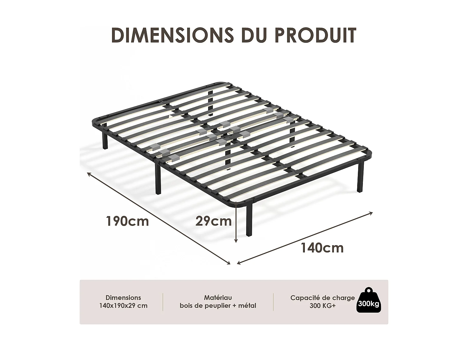 Sommier cadre à lattes 140x190 cm, 2x14 rangs,  incl. 7 repose-pieds