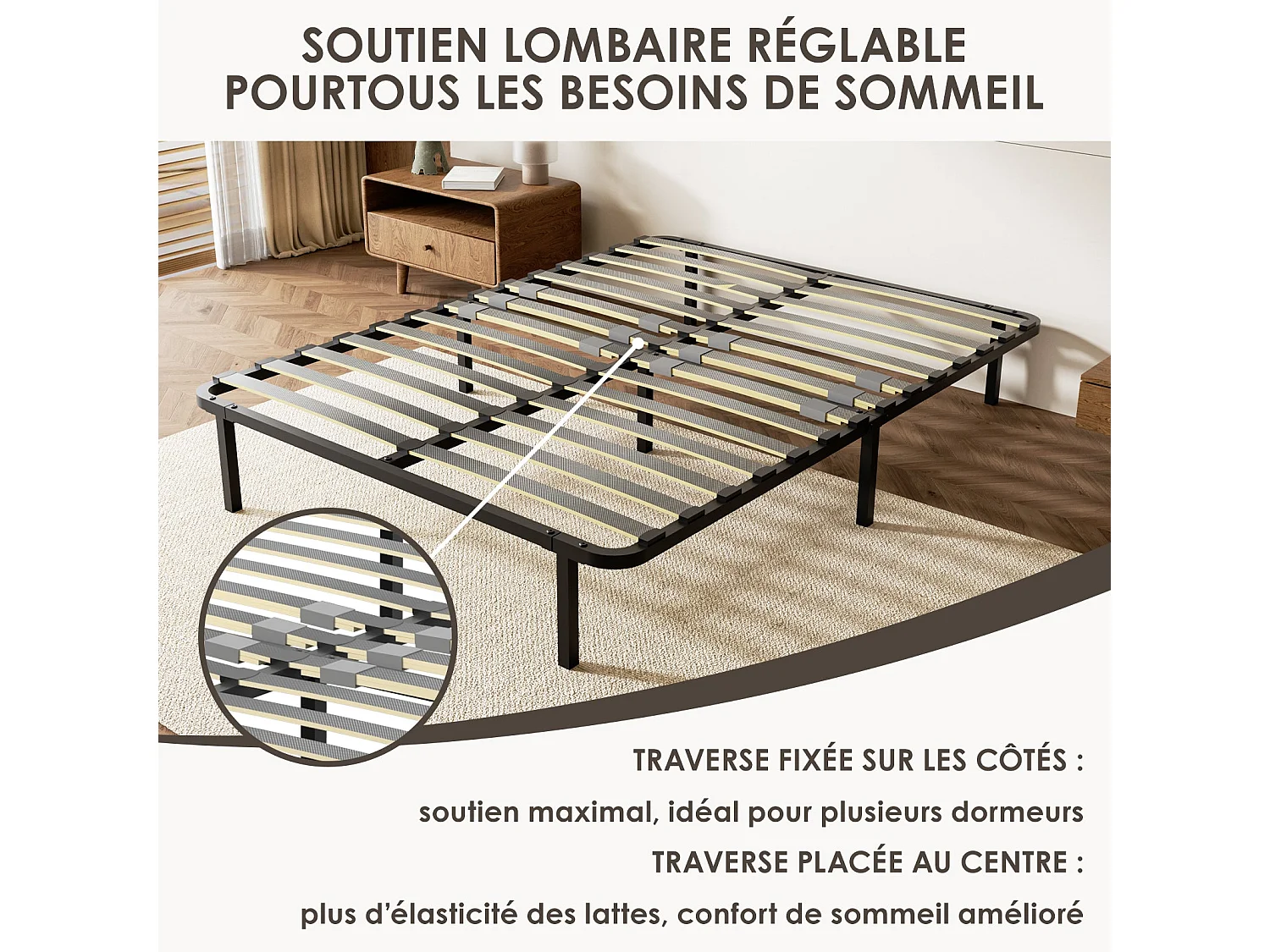 Sommier cadre à lattes 140x190 cm, 2x14 rangs,  incl. 7 repose-pieds