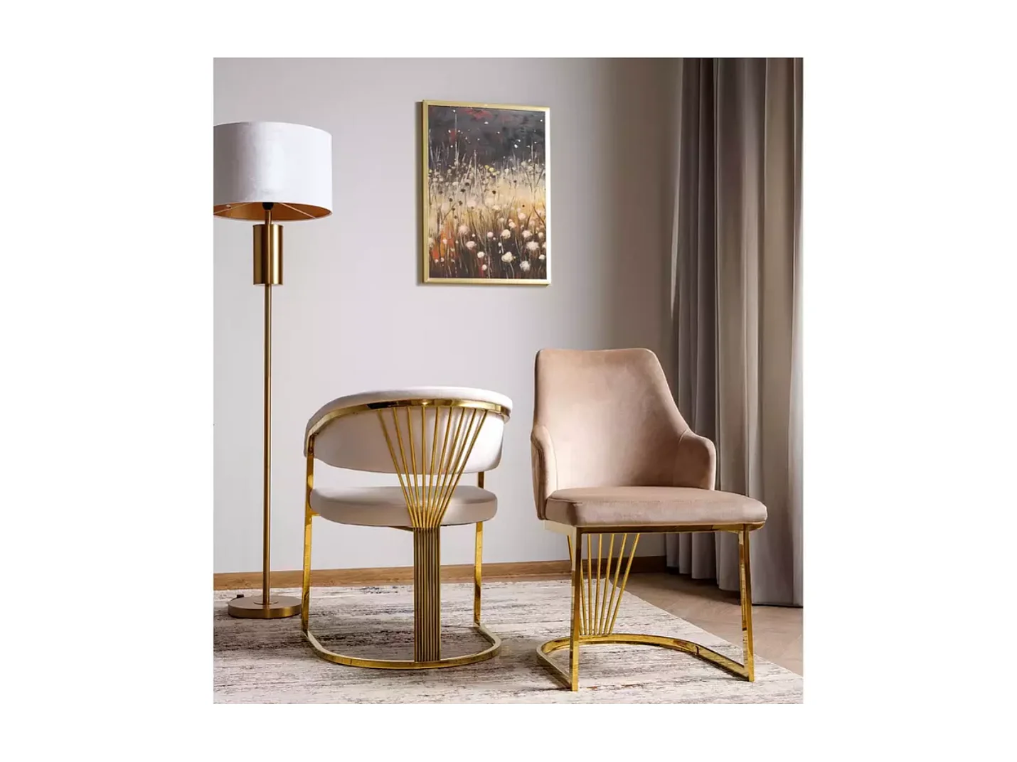 Chaise velours beige et piétement acier doré assise ronde confortable REINY