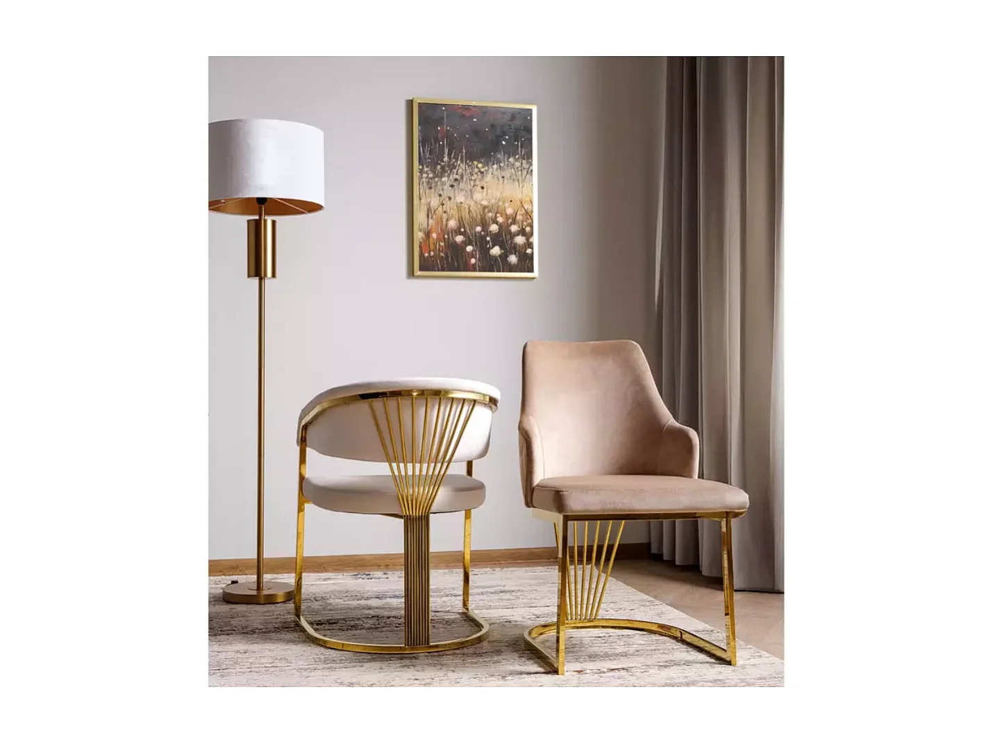 Chaise velours beige et piétement acier doré assise ronde confortable REINY