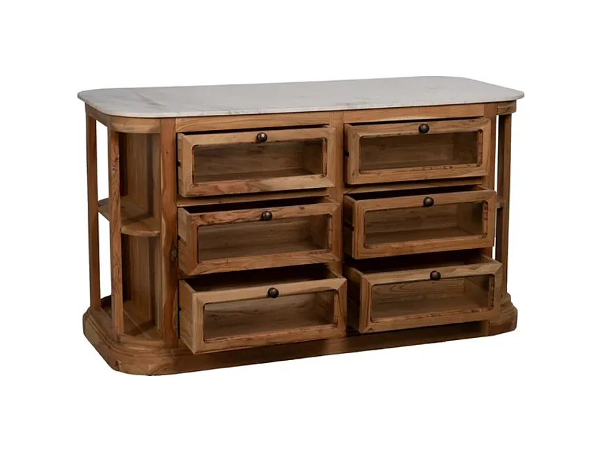 Bahut bois de manguier avec plateau marbre blanc et 6 tiroirs CYPRÉNA