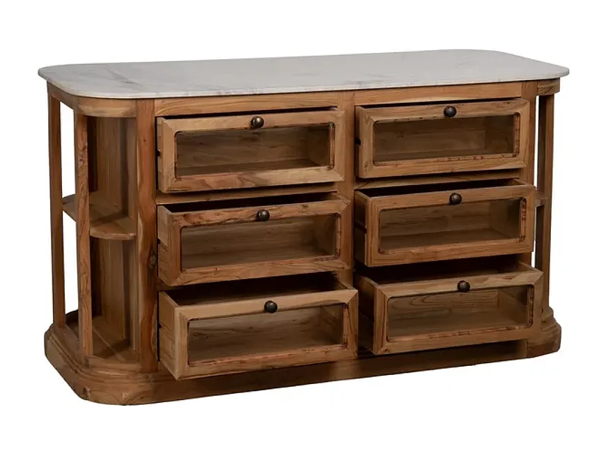 Bahut bois de manguier avec plateau marbre blanc et 6 tiroirs CYPRÉNA