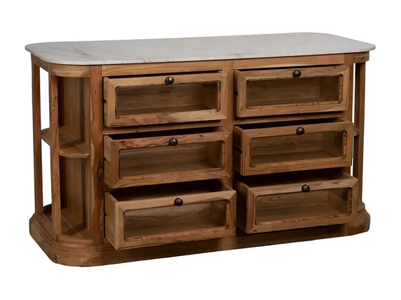 Bahut bois de manguier avec plateau marbre blanc et 6 tiroirs CYPRÉNA