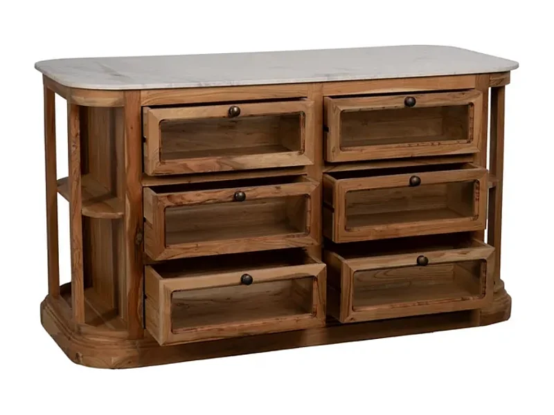 Bahut bois de manguier avec plateau marbre blanc et 6 tiroirs CYPRÉNA