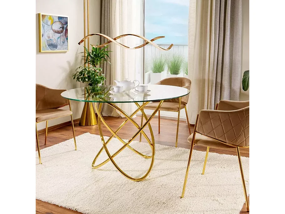 Table ronde 100 cm verre transparent et métal doré 6 pers AURELIAZ