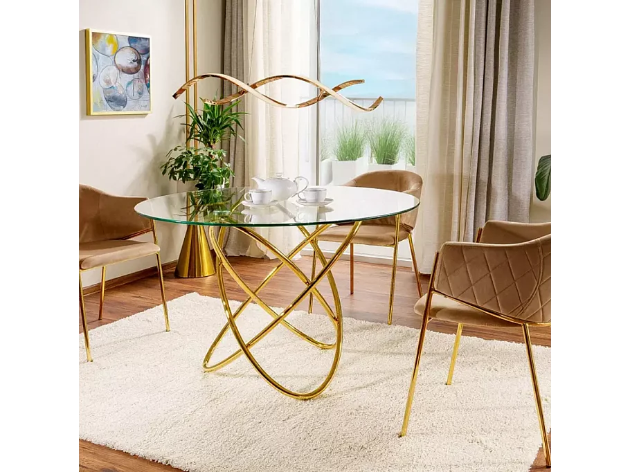 Table ronde 100 cm verre transparent et métal doré 6 pers AURELIAZ