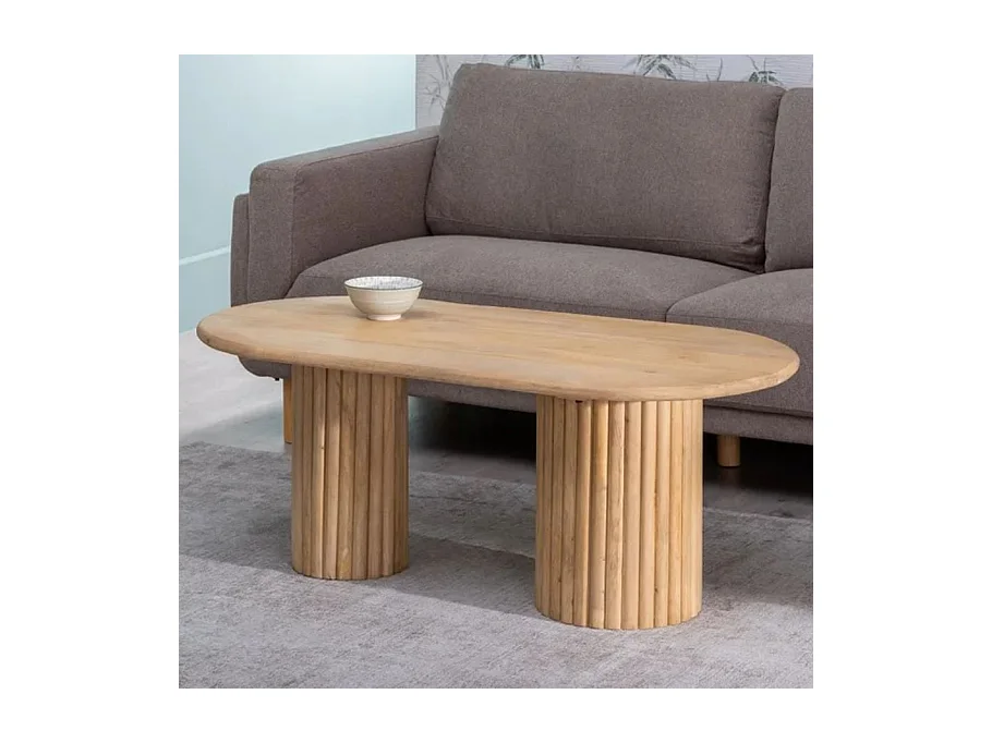 Table basse ovale bois de manguier double colonne rainuré chic FLONESIE