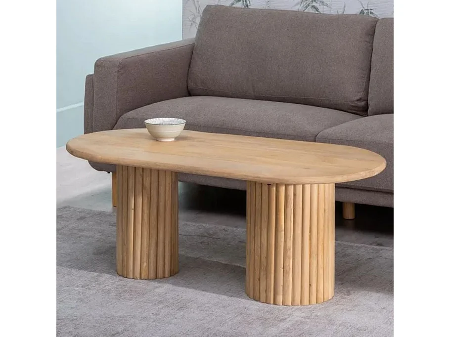 Table basse ovale bois de manguier double colonne rainuré chic FLONESIE