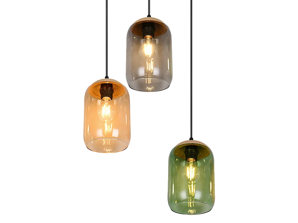Suspension verre 3 lampes multicolores Cork