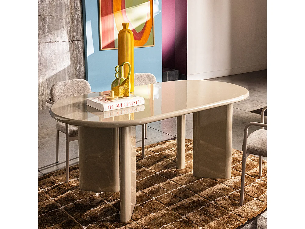 Glossi - Table à manger 6 personnes ovale en bois laqué - Grège