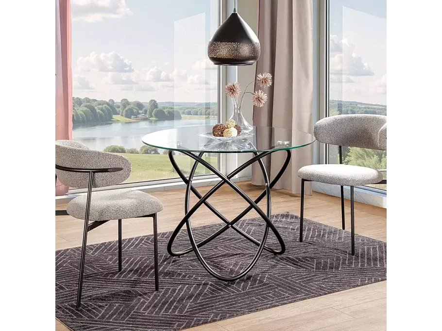 Table ronde 100 cmdesign verre transparent 6 pers pied métal noir AURELIAZ