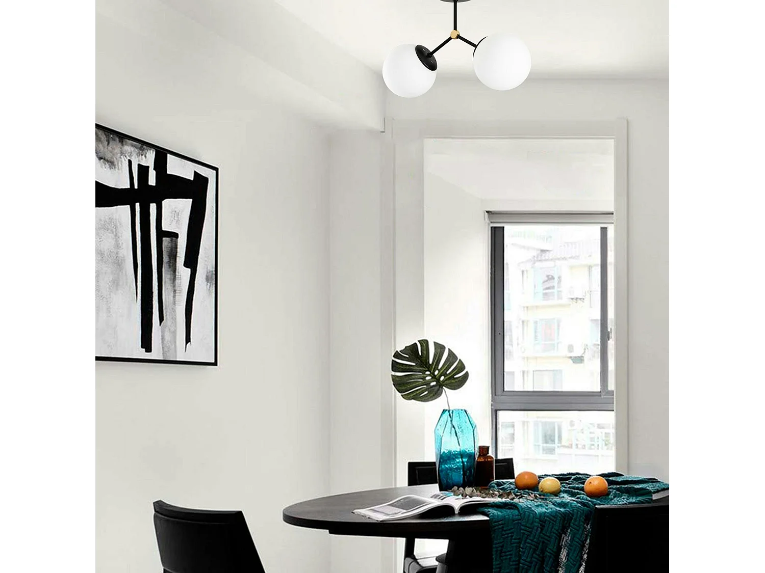 Plafonnier design métal noir 2 globes verre dépoli SIERRE