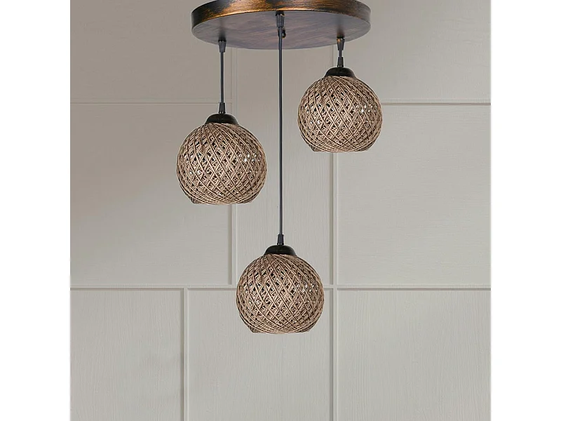 Suspension moderne 3 abat-jour tressés finition bronze AROSA