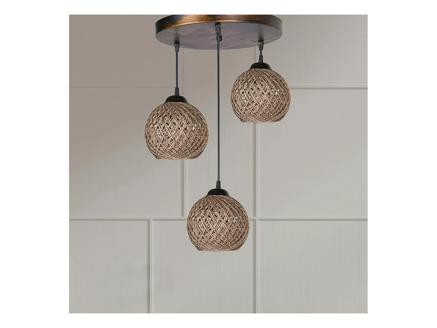 Suspension moderne 3 abat-jour tressés finition bronze AROSA