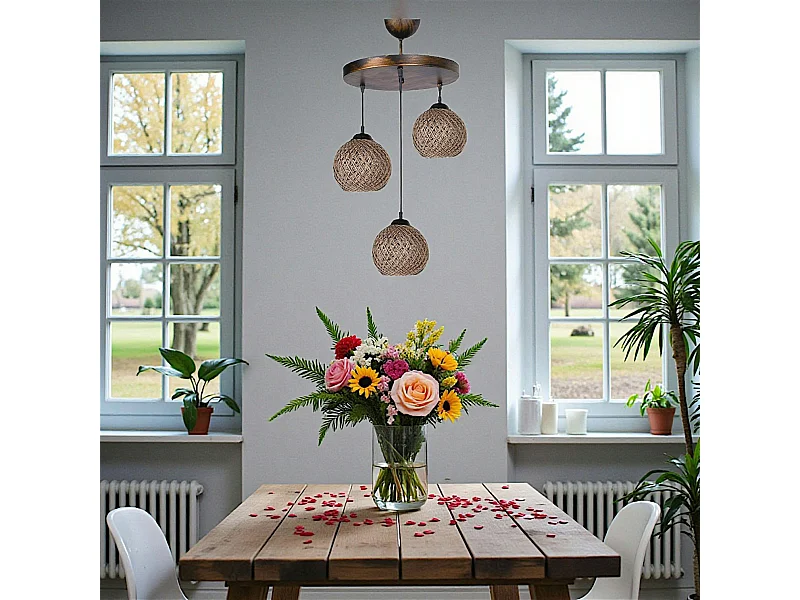 Suspension moderne 3 abat-jour tressés finition bronze AROSA