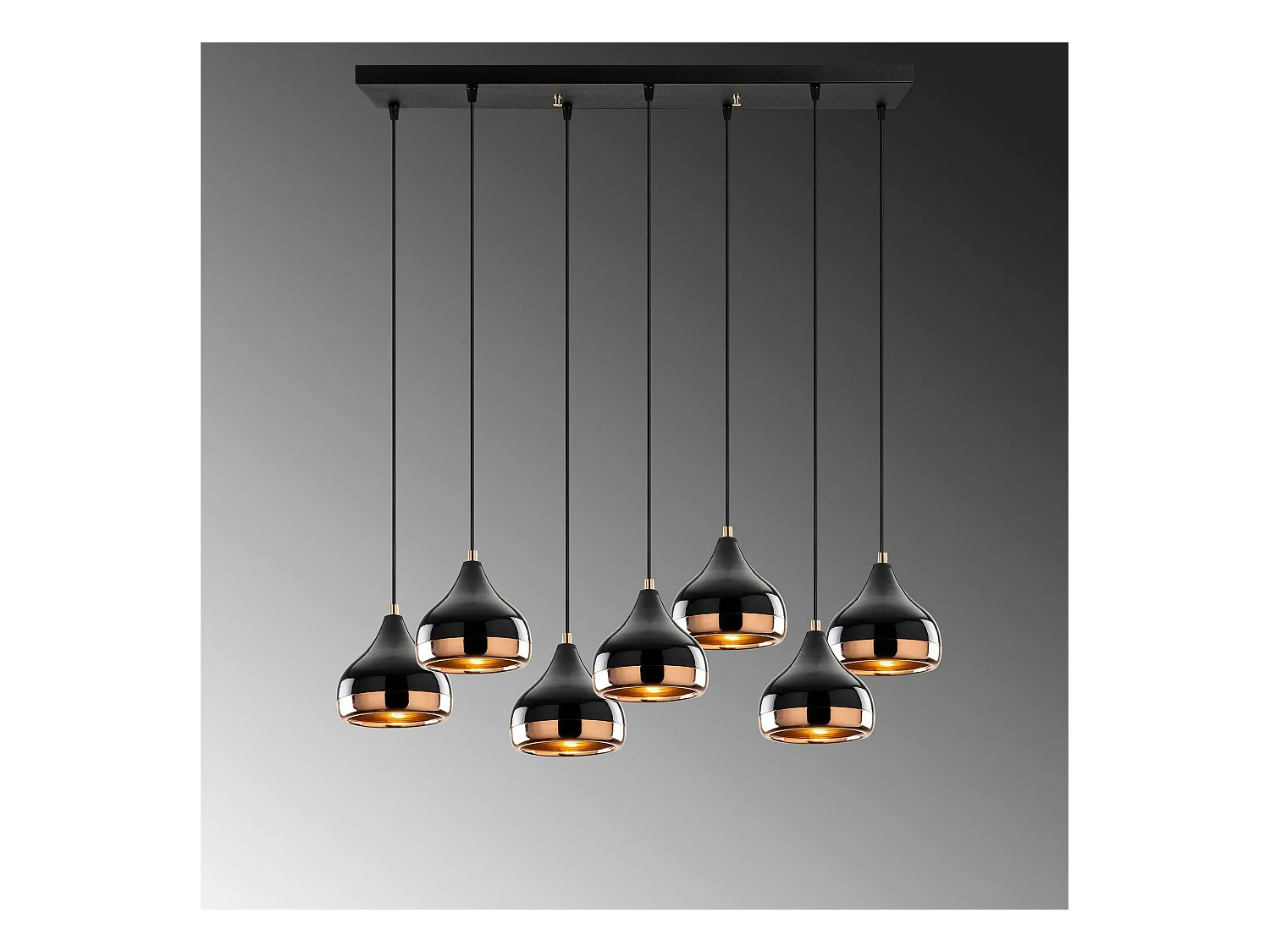 Suspension de table noire & cuivre, 7 abat-jour SILE