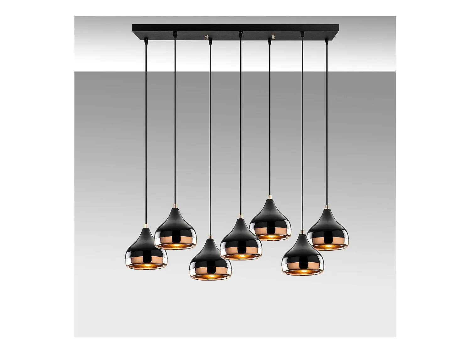 Suspension de table noire & cuivre, 7 abat-jour SILE