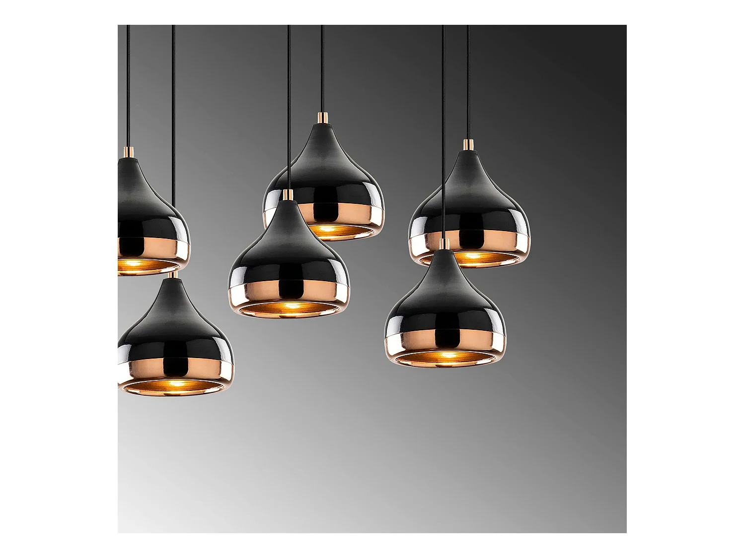 Suspension de table noire & cuivre, 7 abat-jour SILE