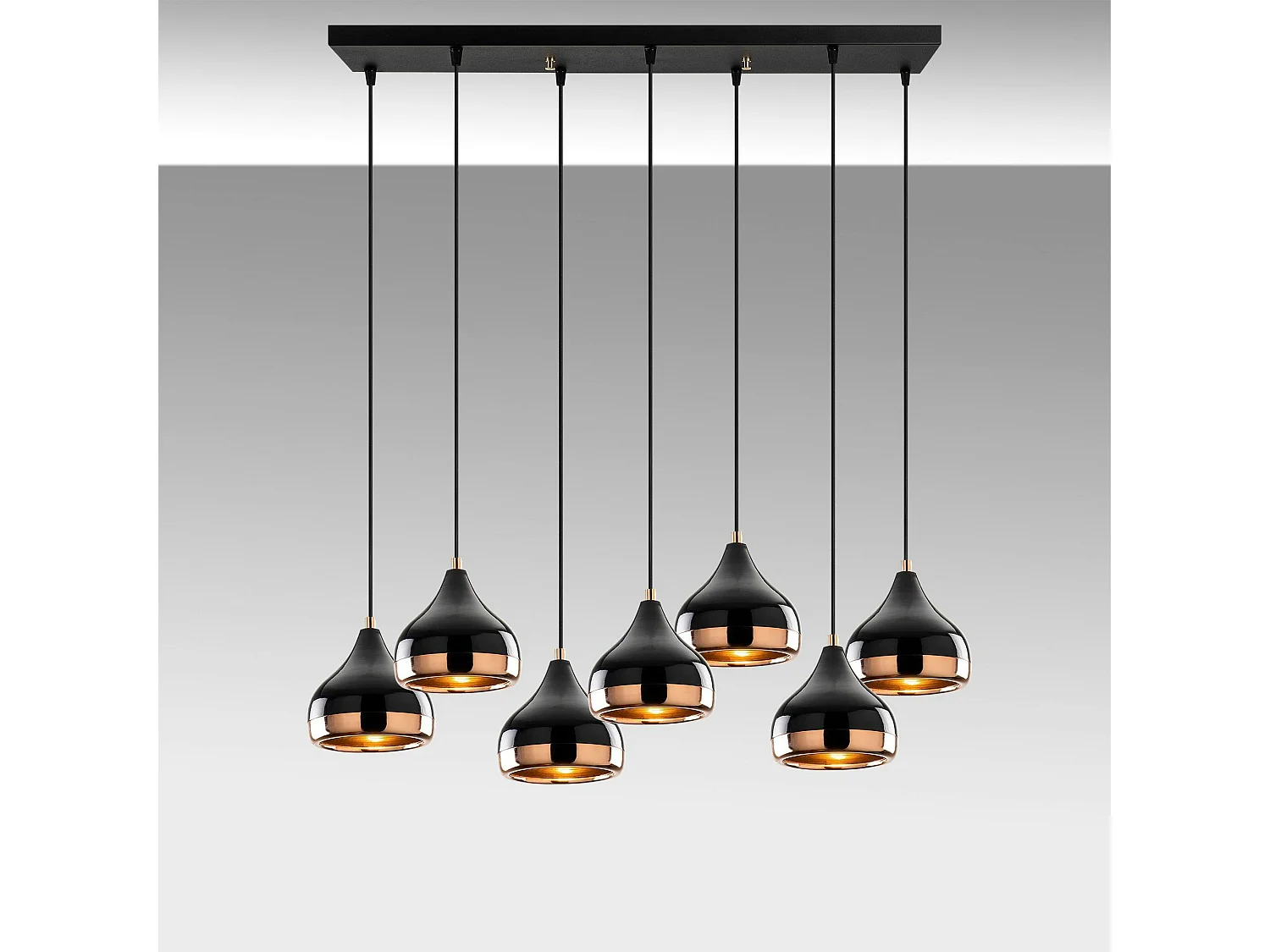 Suspension de table noire & cuivre, 7 abat-jour SILE