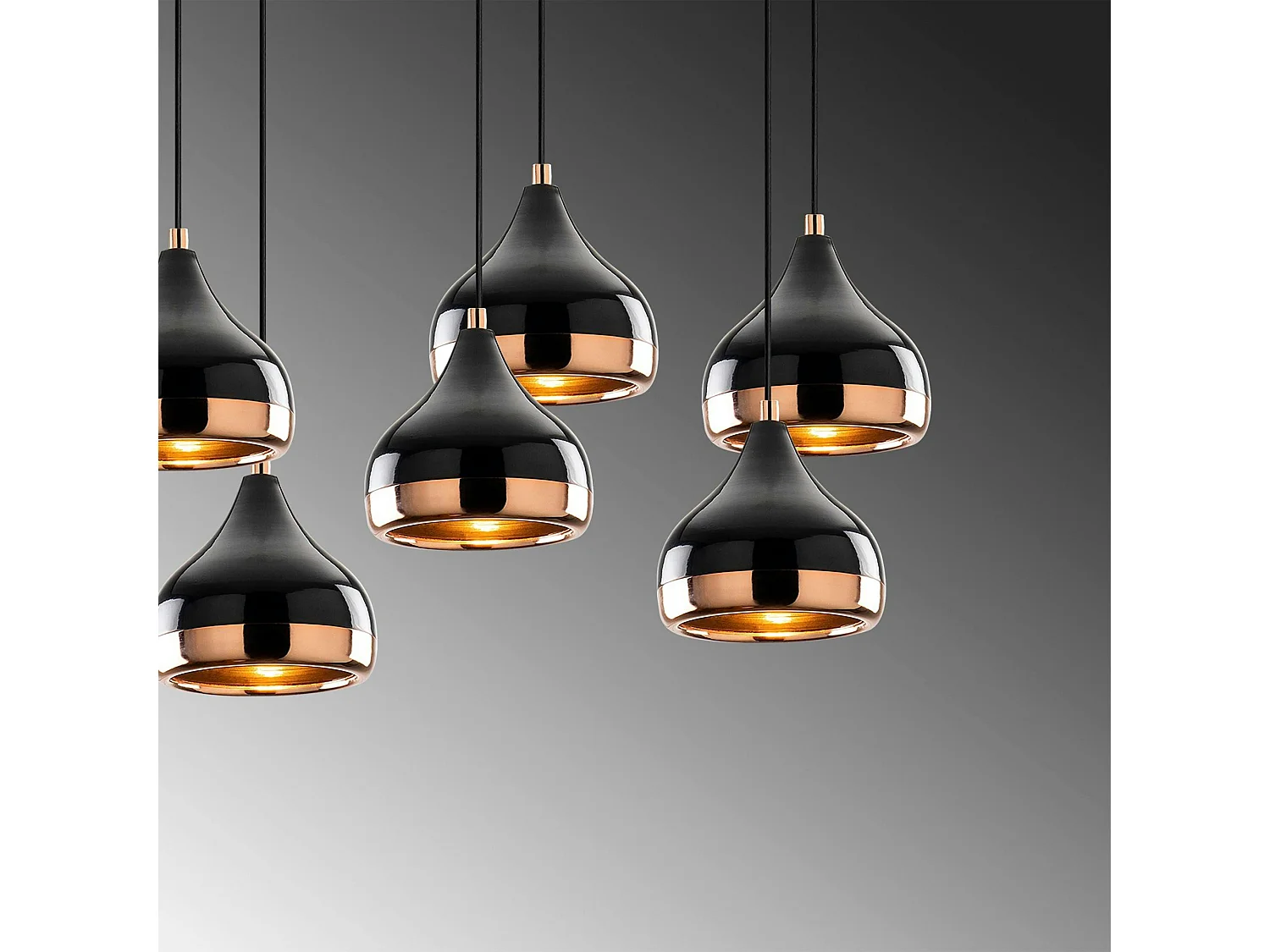 Suspension de table noire & cuivre, 7 abat-jour SILE