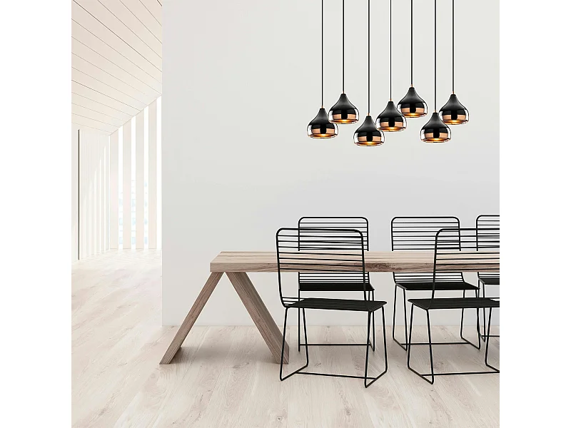 Suspension de table noire & cuivre, 7 abat-jour SILE