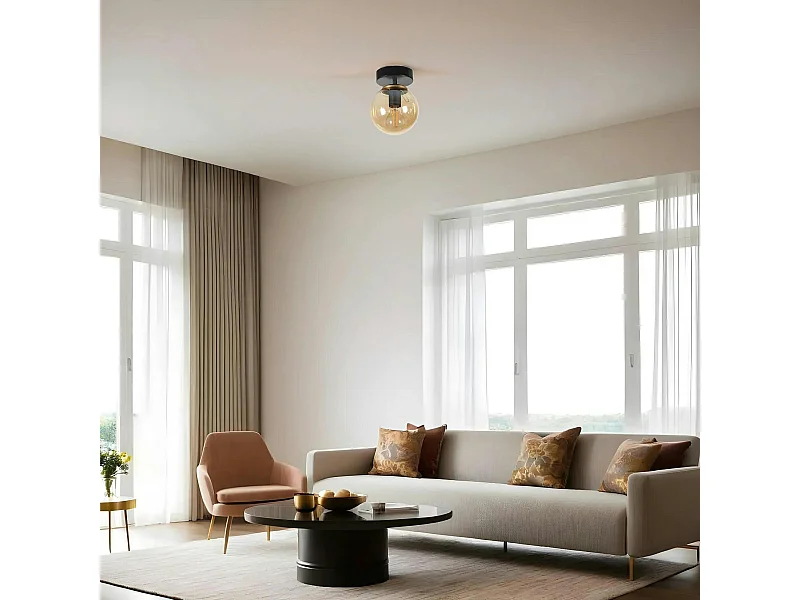 Plafonnier globe verre ambré, finition noire SIERRE