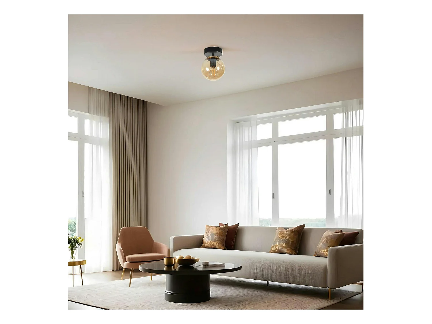 Plafonnier globe verre ambré, finition noire SIERRE